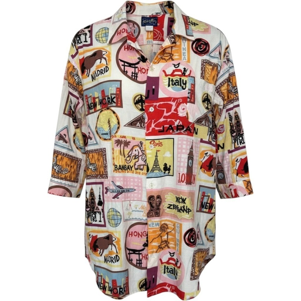 Nick & Nora Vintage Travel Postcard Print Cotton Sleep Shirt L/XL Long Sleeve